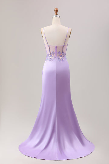 Elegante vestido de fiesta largo con corsé plisado de lentejuelas sirena lila con abertura